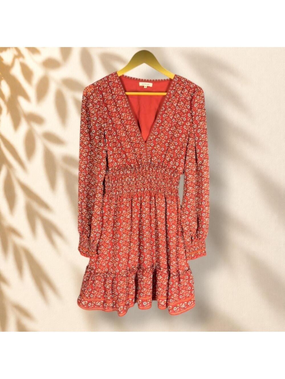Max Studio Dress Women M Medium Red Floral Sheath Short V-Neck Long Sleeve